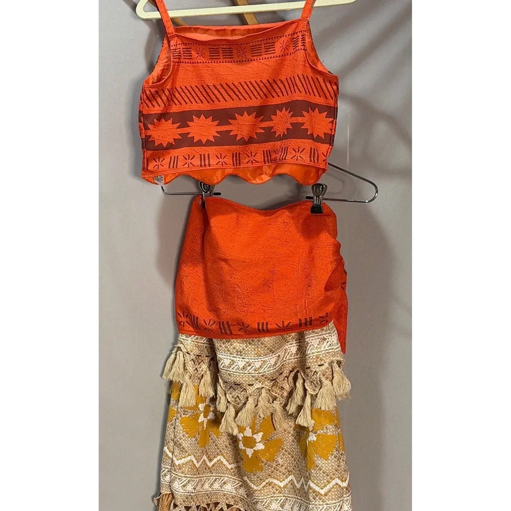 Disney Store Moana Costume Girls 9/10 Two Piece Dress Up Outfit Orange Tan